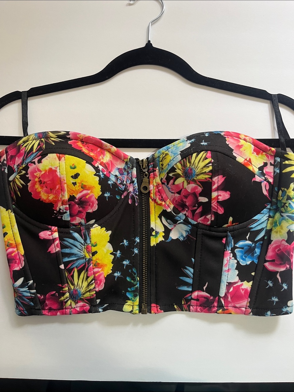 Say What? Black Floral Bustier Crop Top with Bright Blooms